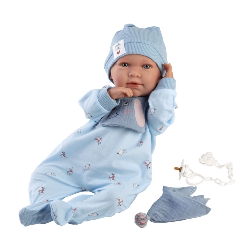 Llorens weinende Babypuppe Mimo Blau mit Lätzchen, Kuscheltuch und Sound 42cm