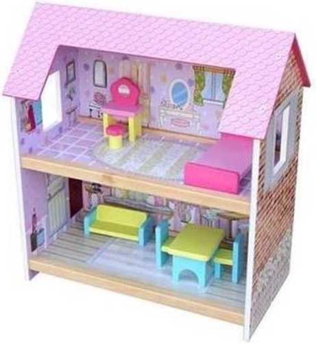 Playwood Holzpuppenhaus 2 Etagen; enthält 7 Möbelstücke
